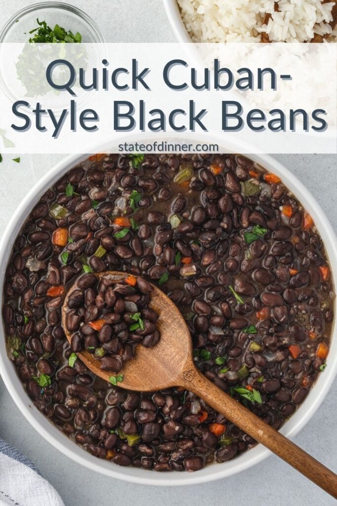 Pinterest pin: Quick cuban-style black beans in a bowl with a spoon scooping some beans.