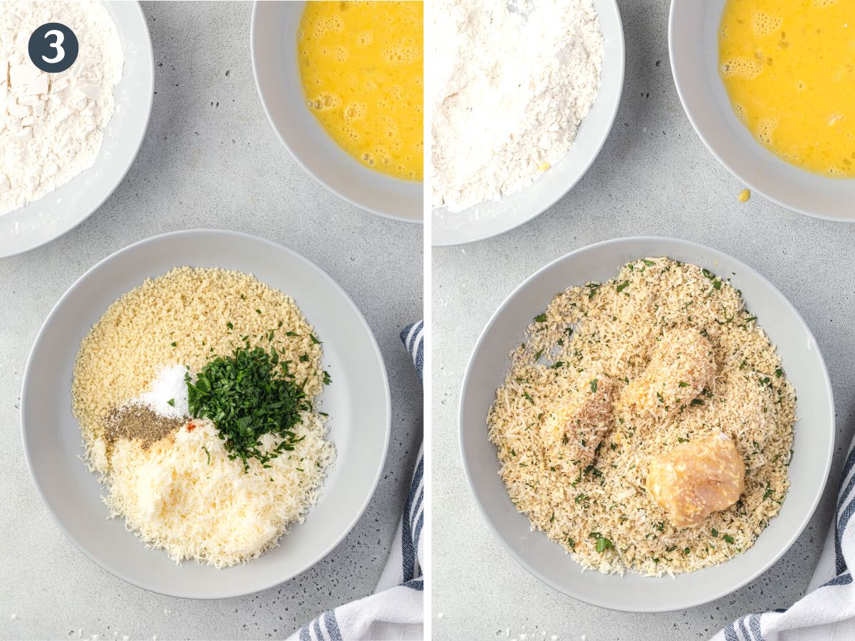 Split image showing a bowl of breading ingredients and a bowl of 3 piece of chicken in a bowl of breadcrumbs.