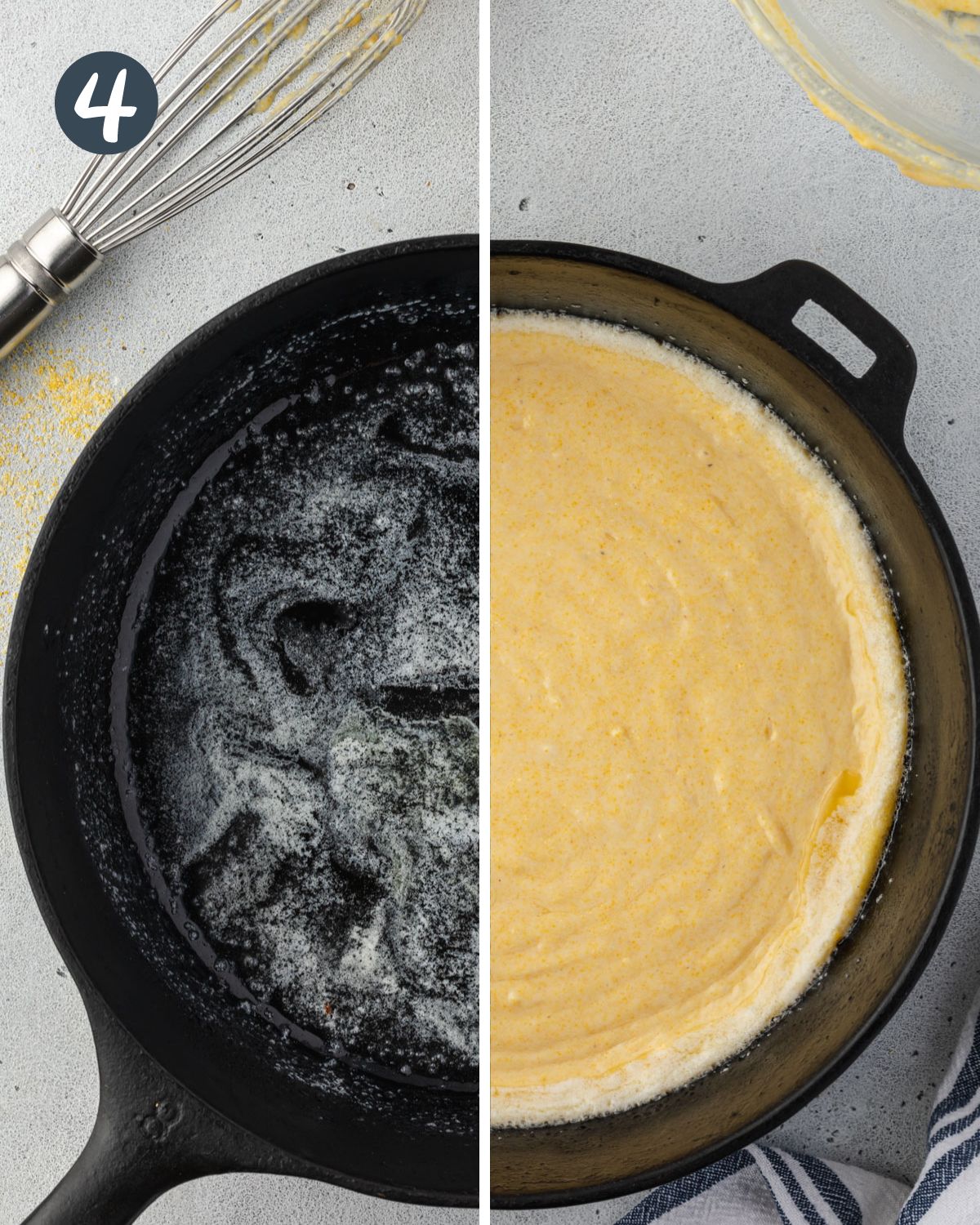 Split image: Left showing butter melted in cast iron, right the batter is poured in.