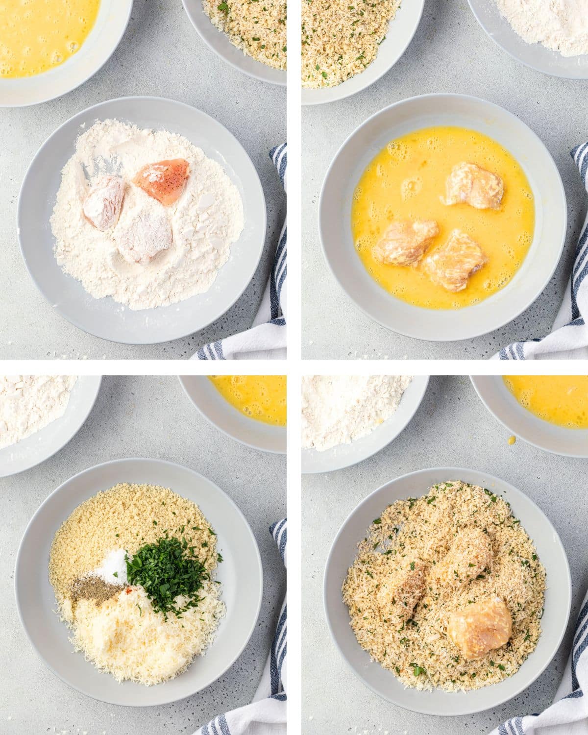 Four steps of breading chicken: flour, egg wash, breadcrumb mixture, and coated chicken pieces on plates.