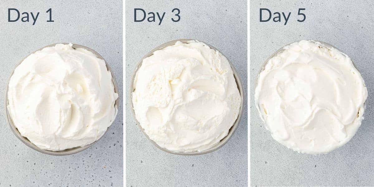 3 images of a bowl of whipped cream over 5 days, first day is fluffy, 5th day deflated.