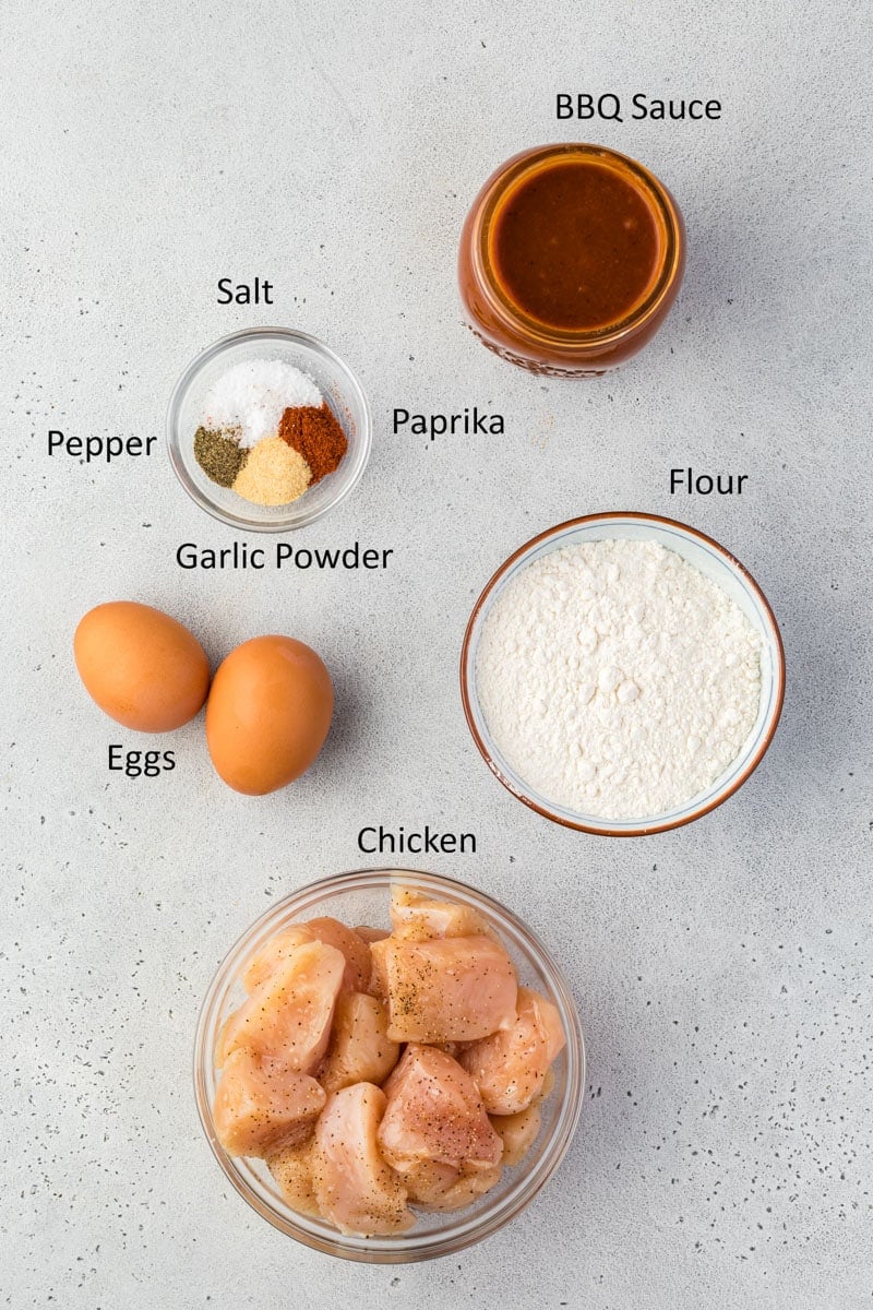 Overhead of the recipe ingredients in bowls.