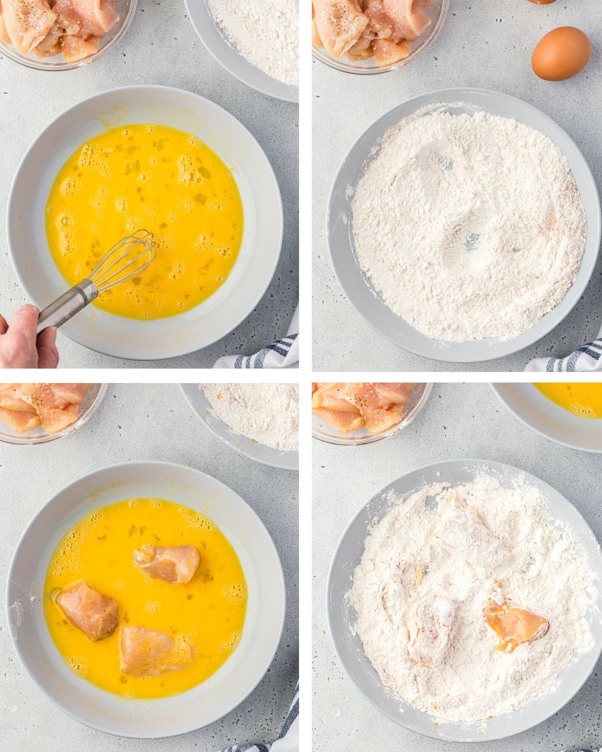 4 images showing breading station and chicken coated in eggs next to a bowl of chicken coated in flour.