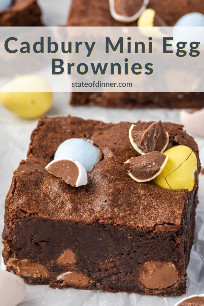 Pinterest pin: Cadbury Mini Egg Brownies, with a big piece of brownie topped with candy.