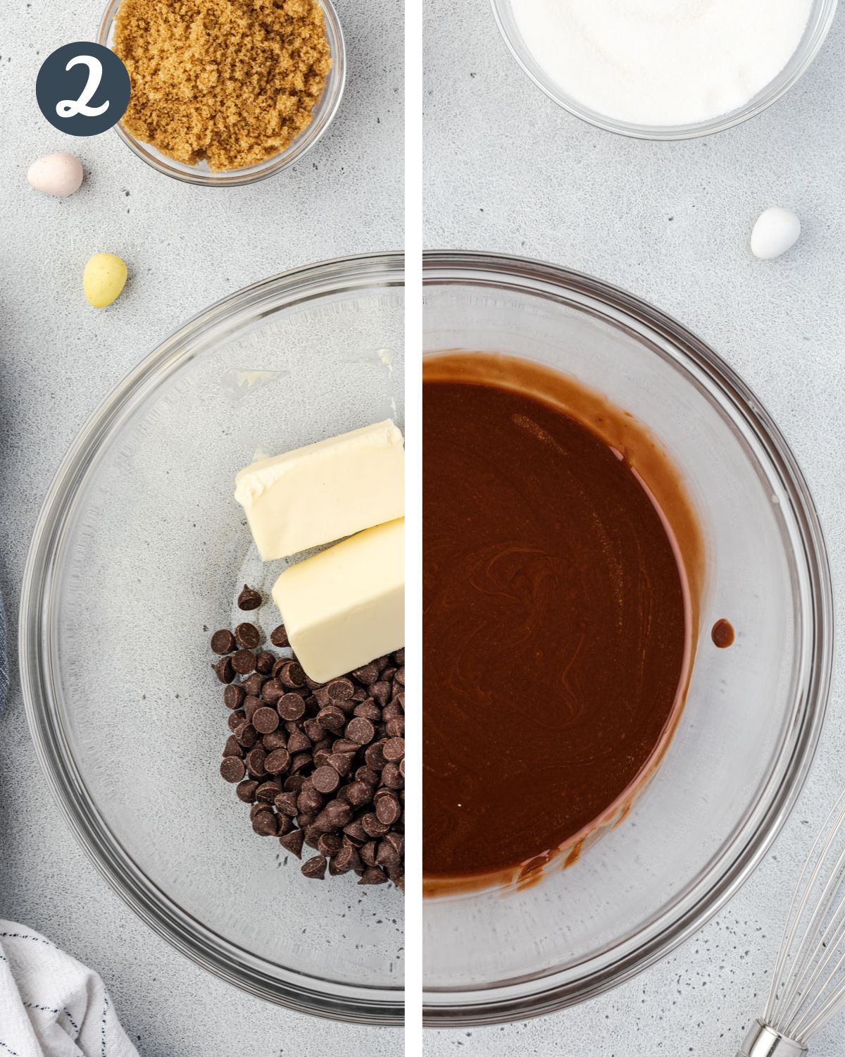 Split image of a clear glass bowl; left is chocolate chips and butter, right half those ingredients are melt4ed.