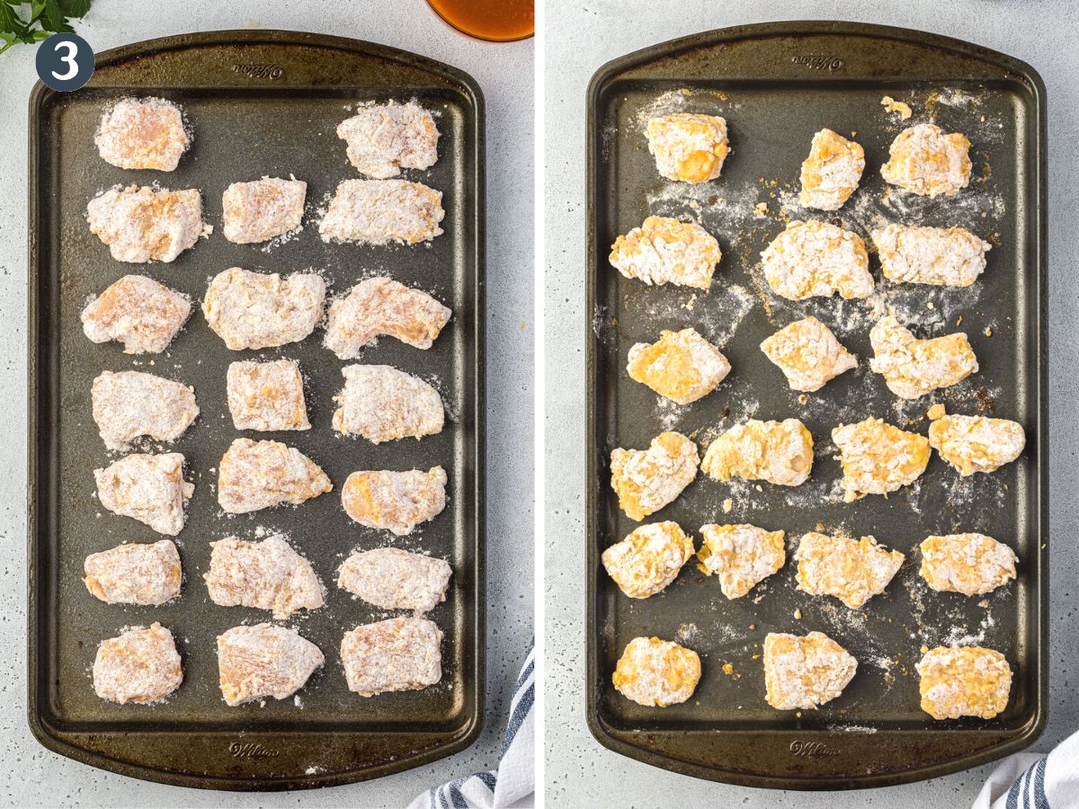 Two baking sheets, one with raw chicken bites and the other crispy baked chicken.