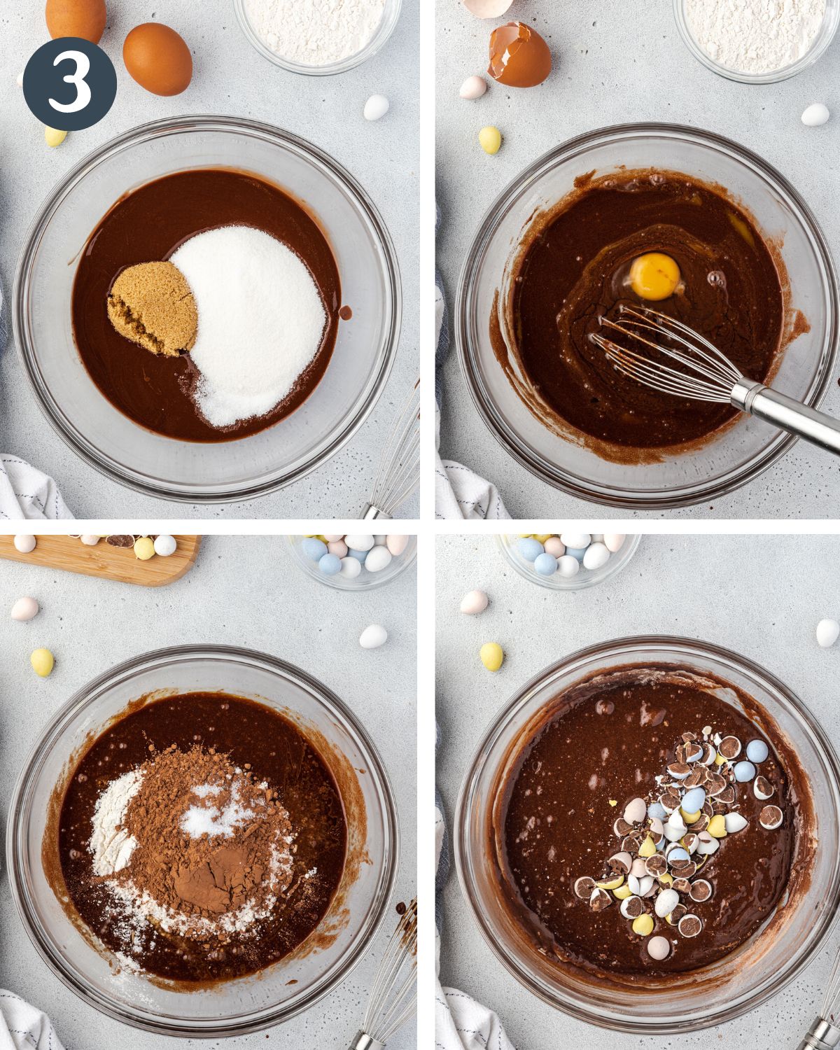 4 images showing steps to prepare batter: Adding sugars, whisking eggs, dry ingredients, and mini eggs.