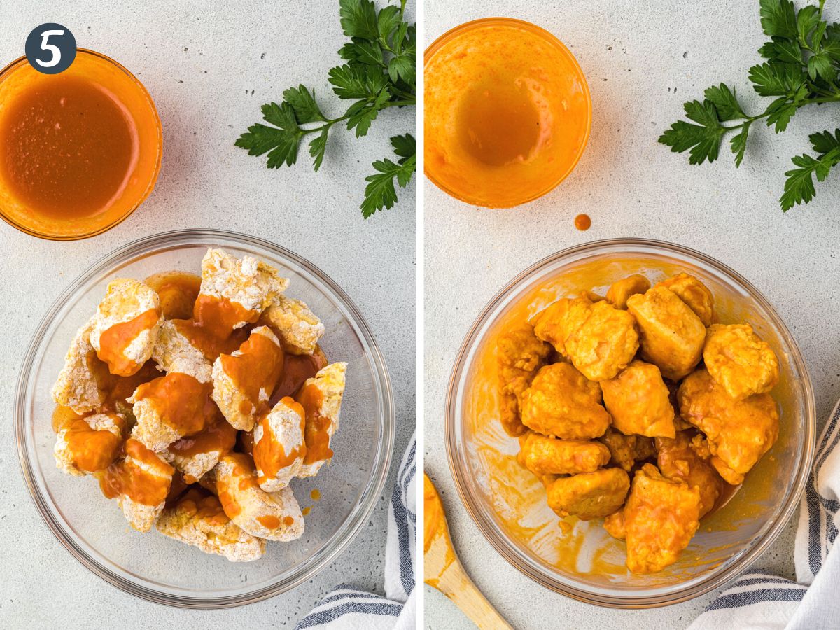 Two bowls, one with chicken drizzed with buffalo sauce and the other tossed fully in sauce.