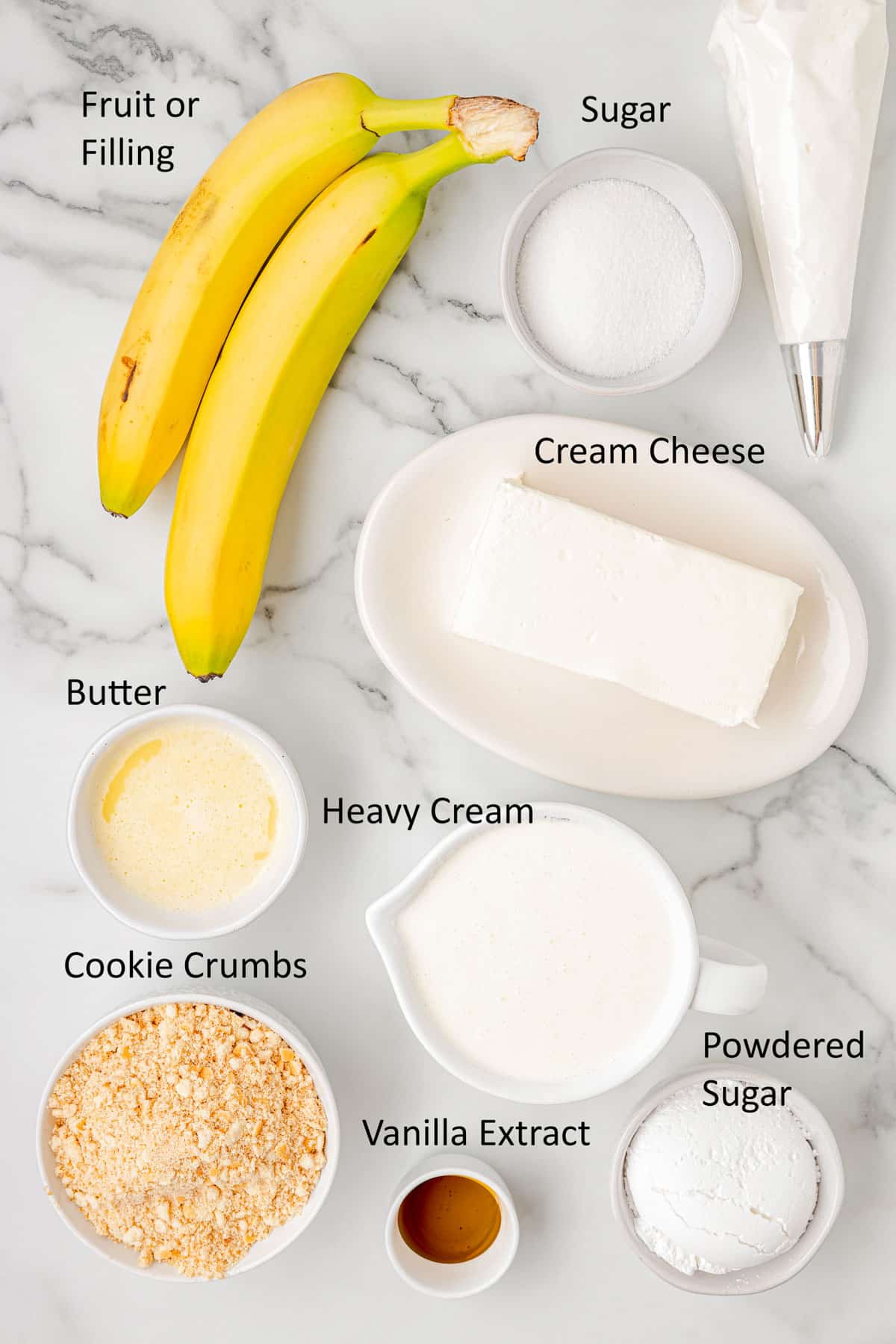 Overhead image showing labeled ingredients for cheesecake in a jar.