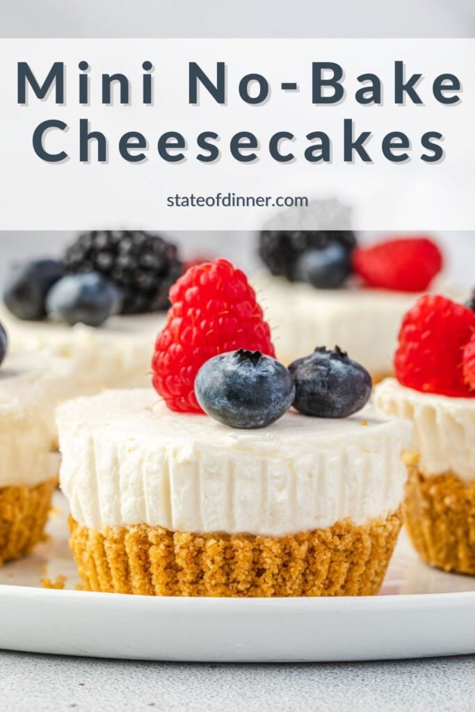 A pinterest pin showing a platter of no bake mini cheesecakes topped with fruit.