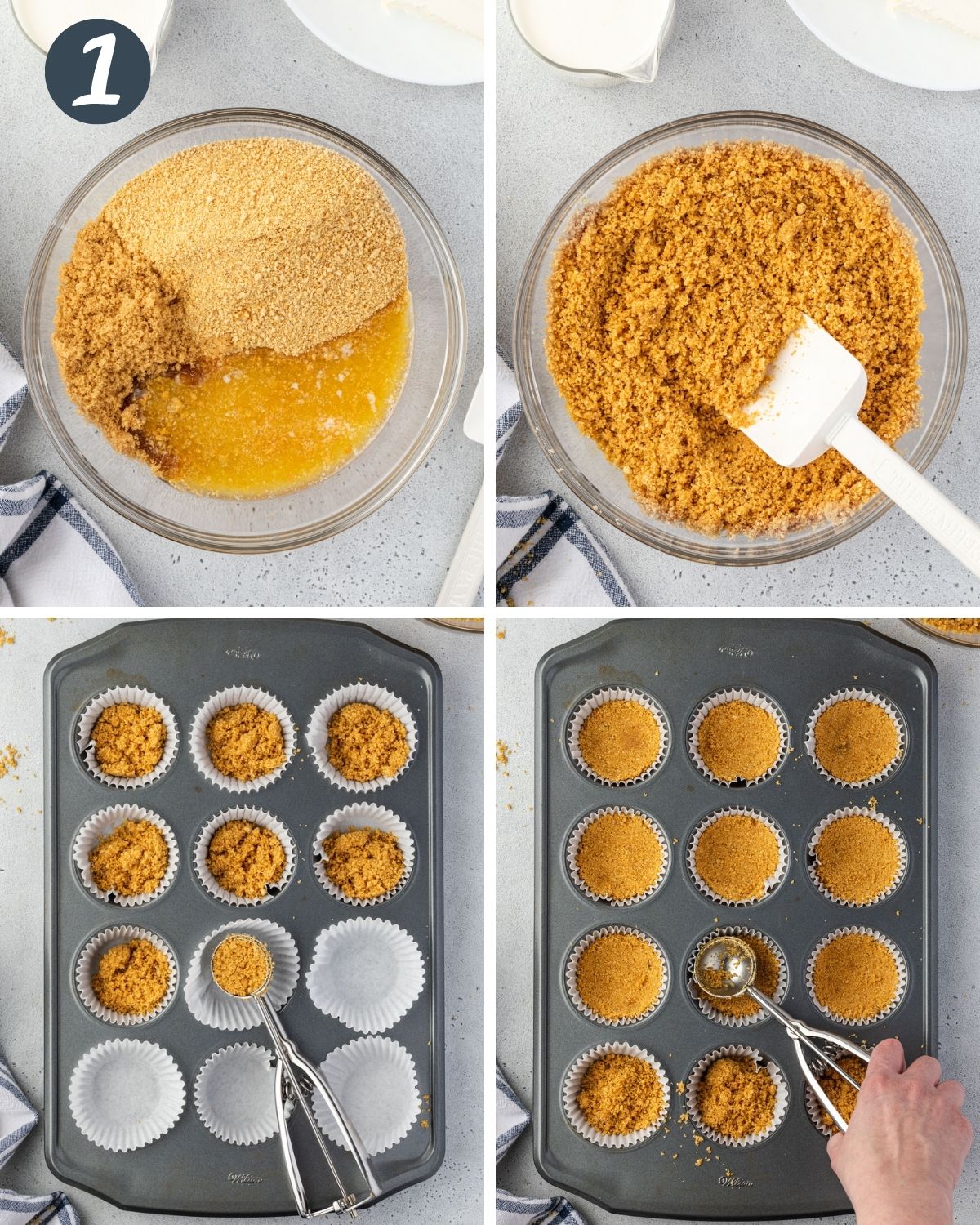 4 images showing how to make graham crust and fill each muffin tin cup.