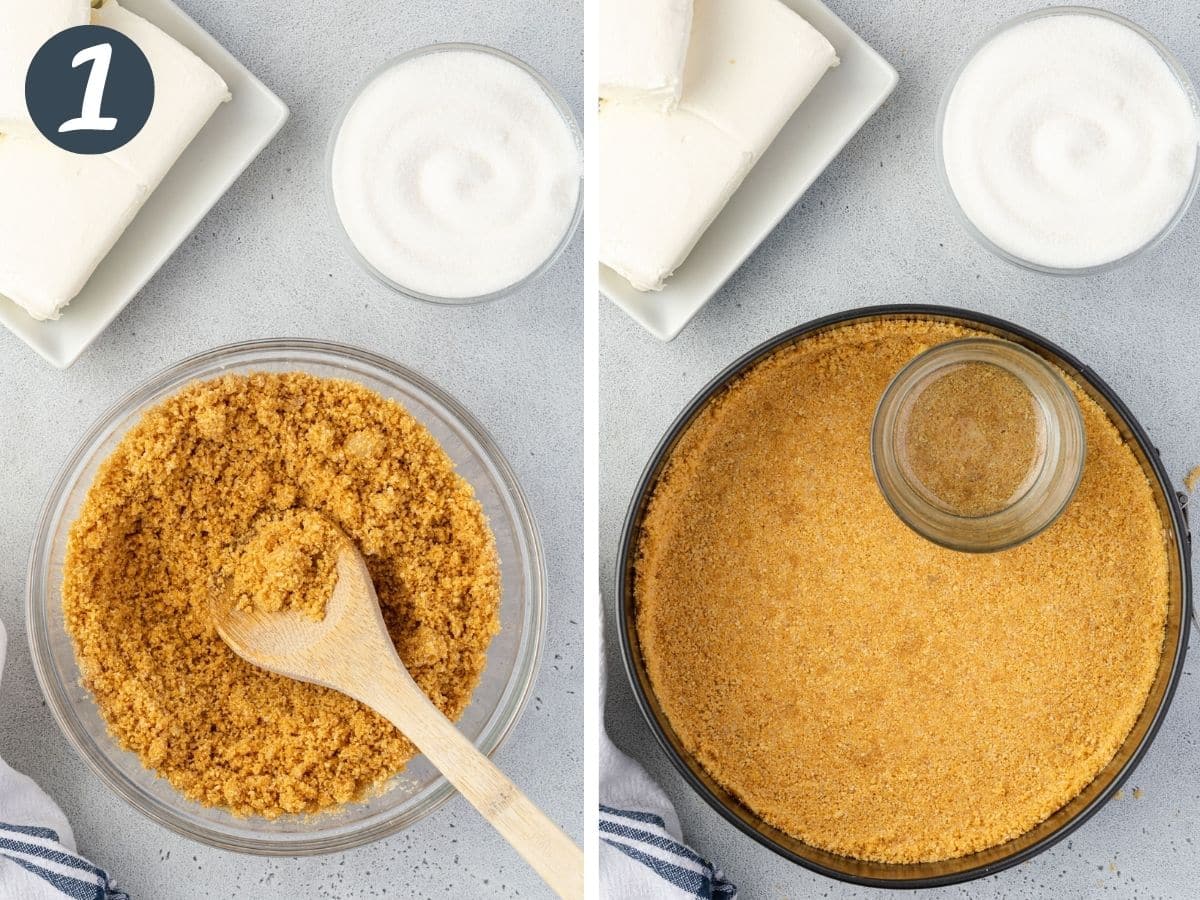 Two images showing mixing the graham cracker crust and pressing it into a springform pan using a glass.