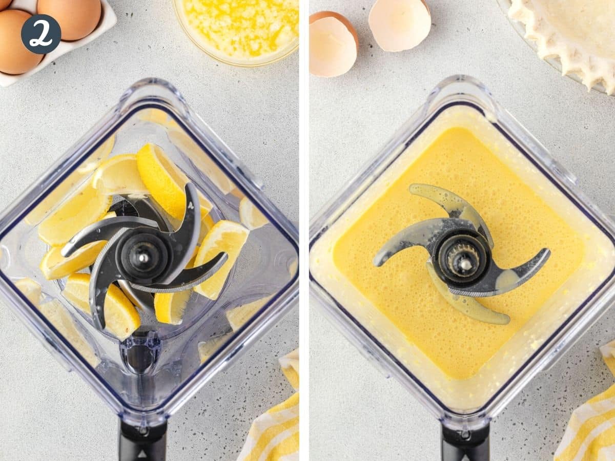 Two images: Left is lemon wedges in a blender and right is a creamy yellow filling.