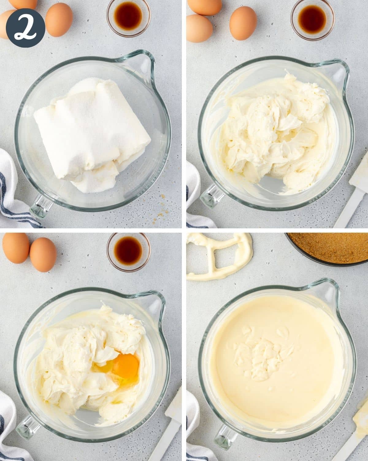 4 images showing the steps of making cheesecake filling in a large mixing bowl.