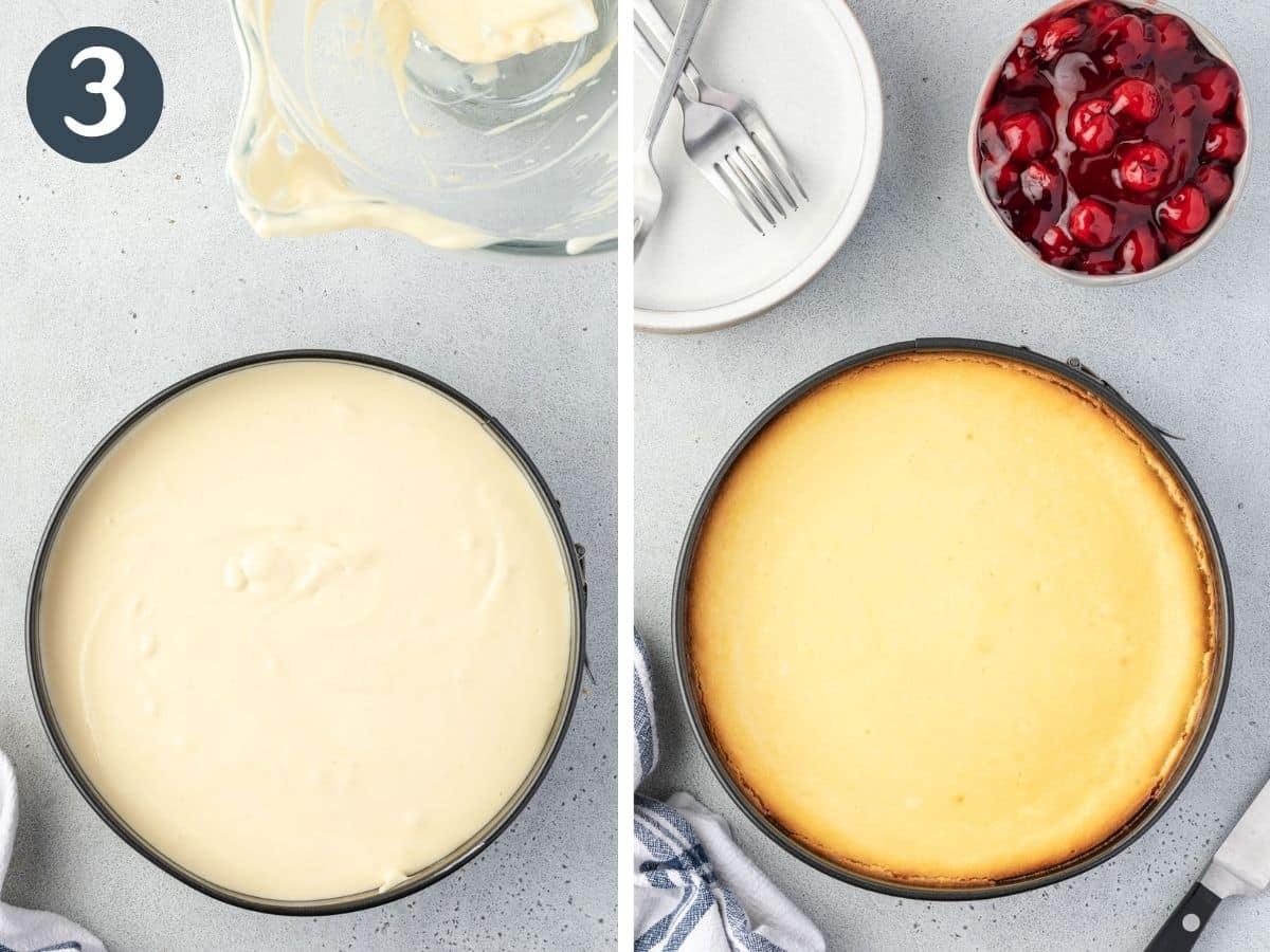 Two images showing a springform pan with uncooked filling on the left, and cooked cheesecake on right.