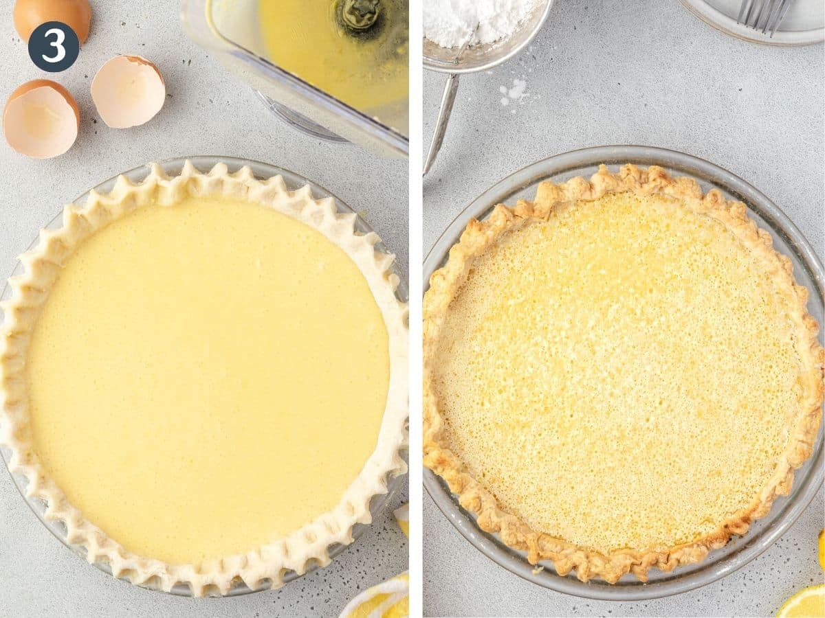 Two images showing the pie filling in the crust, both unbaked (left) and baked (right).