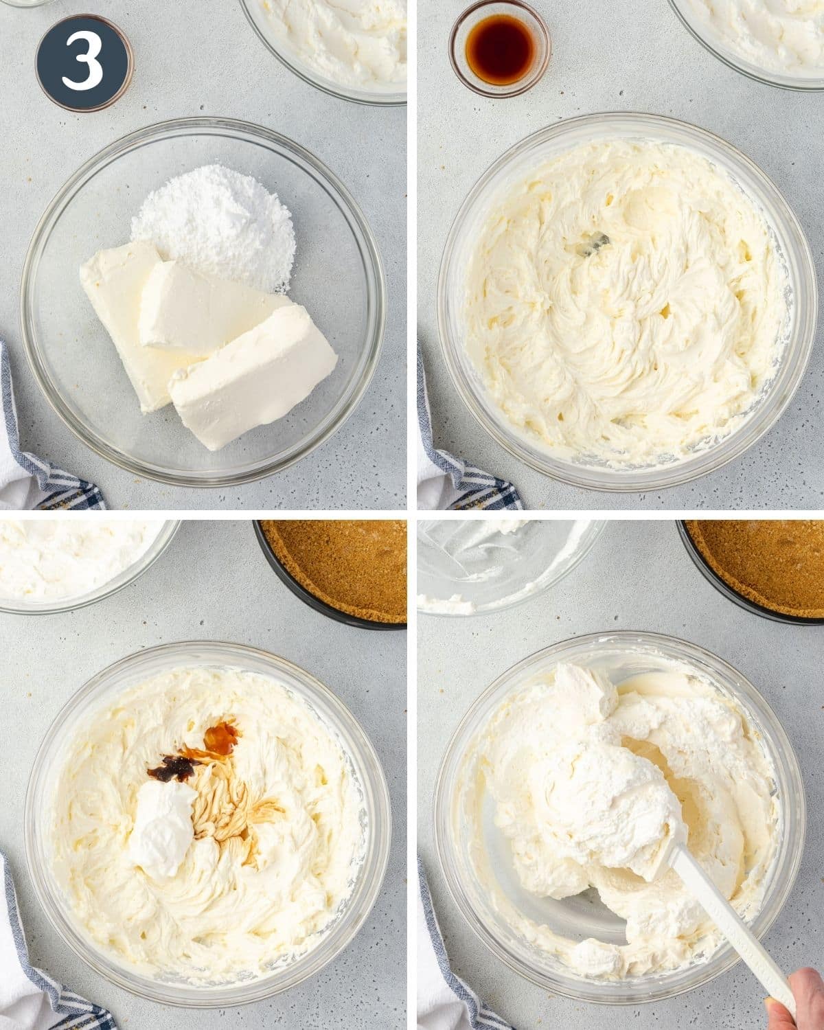4 images showing steps to make the cheesecake filling.