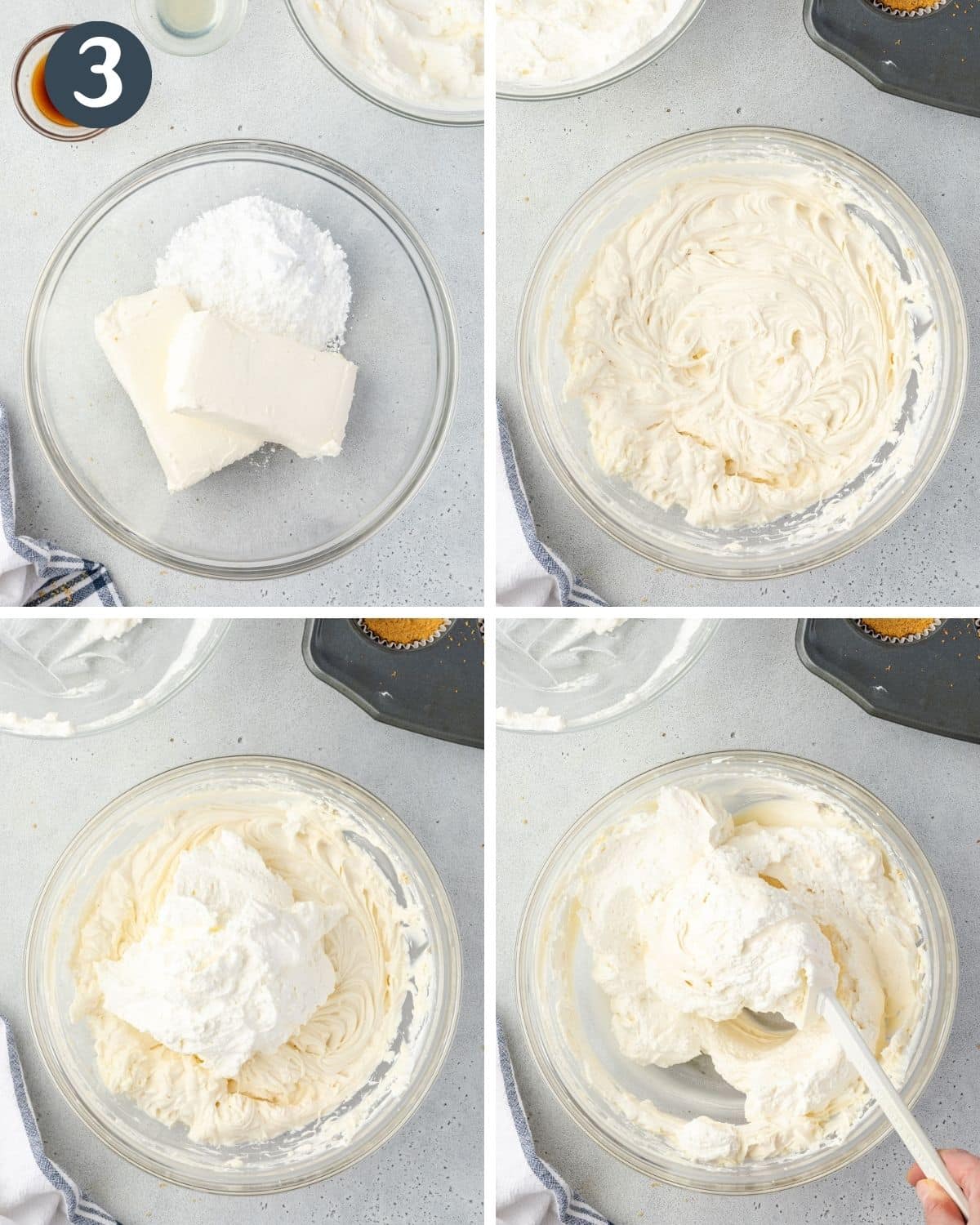 4 steps showing the process of making no-bake cheesecake filling.