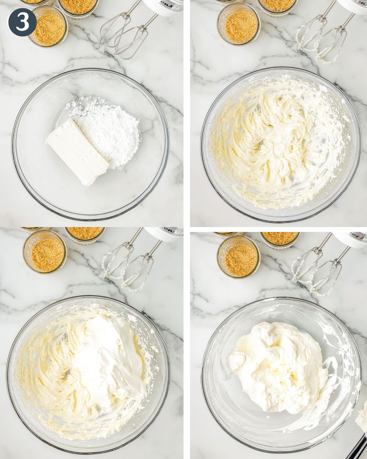 4 images showing steps to make cheesecake filling in a glass bowl.
