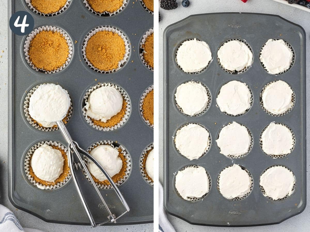 Two images of a muffin pan, one with graham crust and a scoop of cheesecake filling, the other all 12 are filled.