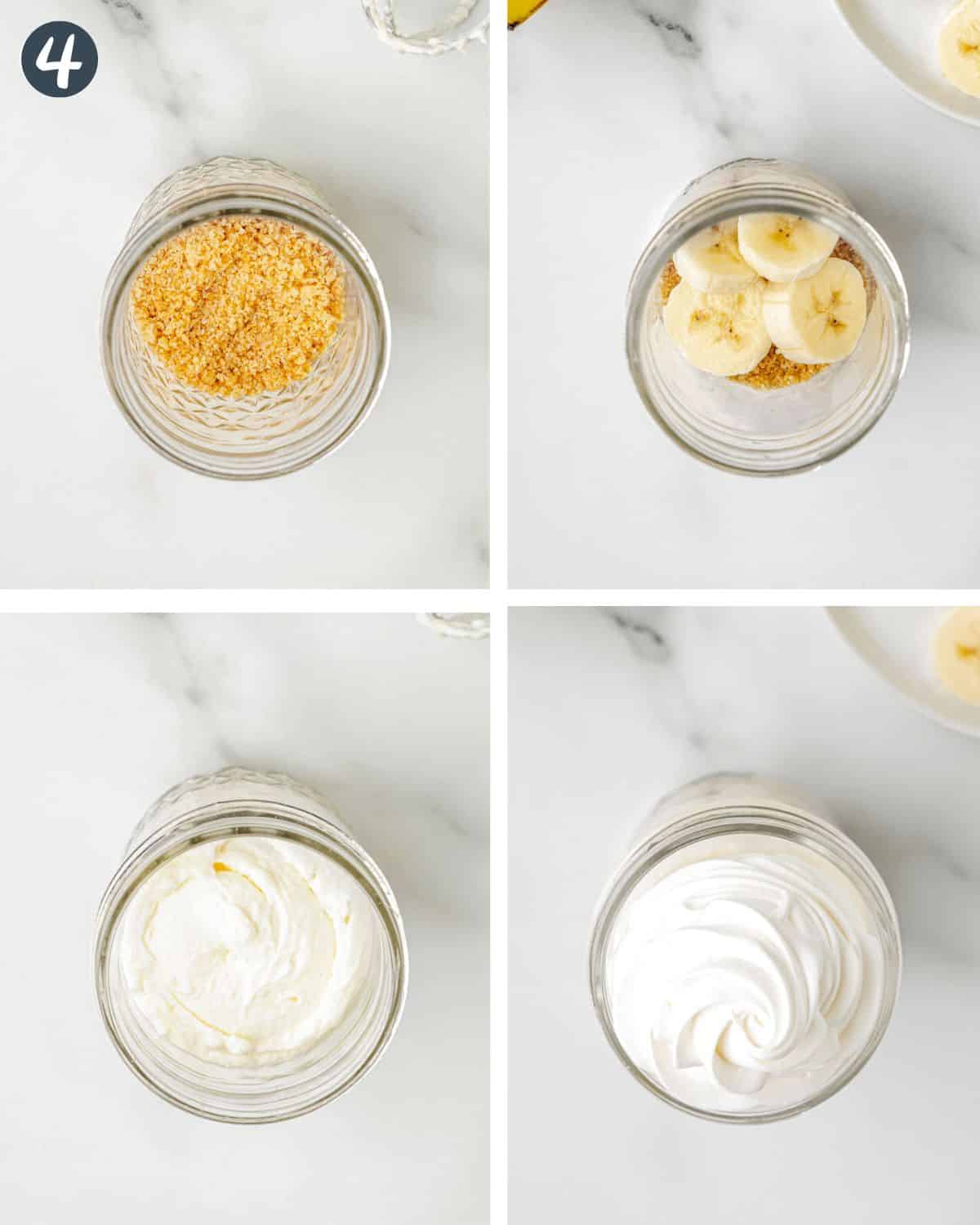 Showing the 4 steps to layer in mason jar: crumbs, fruit, filling, whipped cream.