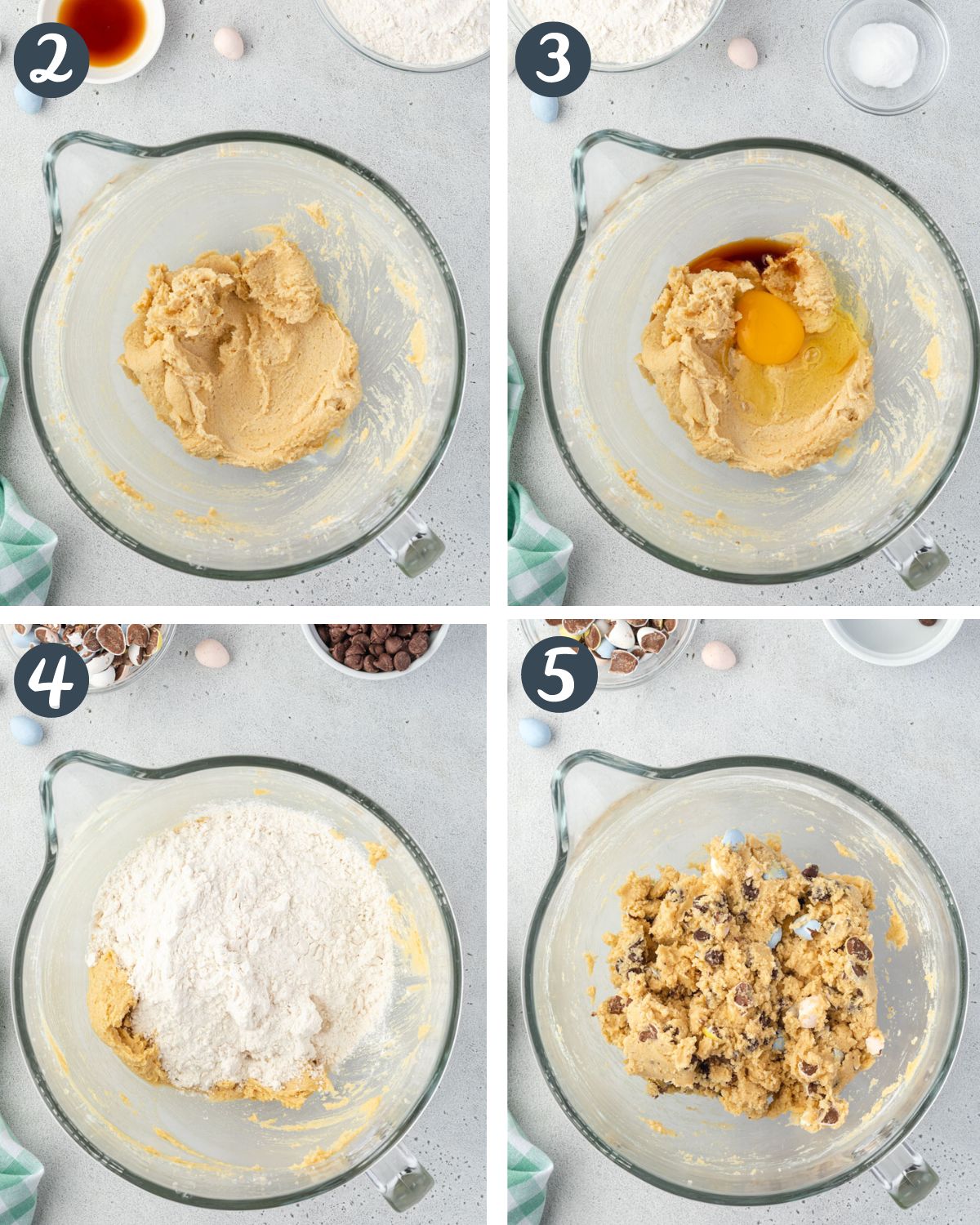 4 images showing steps of making cookie dough - sugar creamed, eggs, flour, and finished dough.