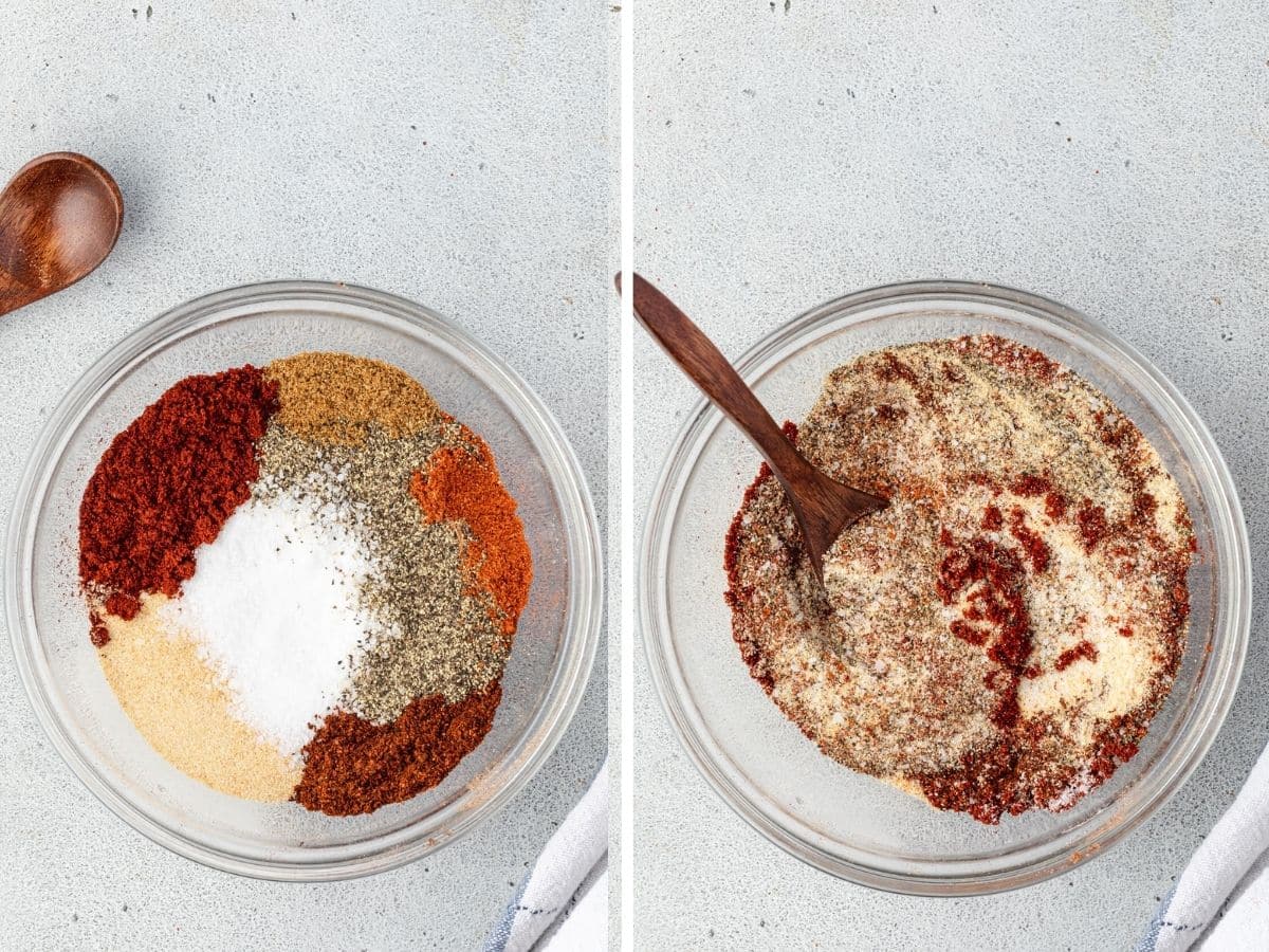 2 image collage showing individual spices in one bowl, then spices swirled with a spoon in 2nd image.