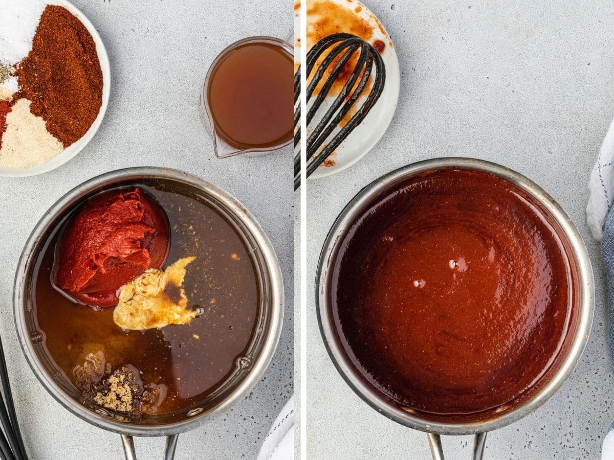 Two images side by side: One of the sauce ingredients in a pan, the other of the cooked sauce in the same pan.