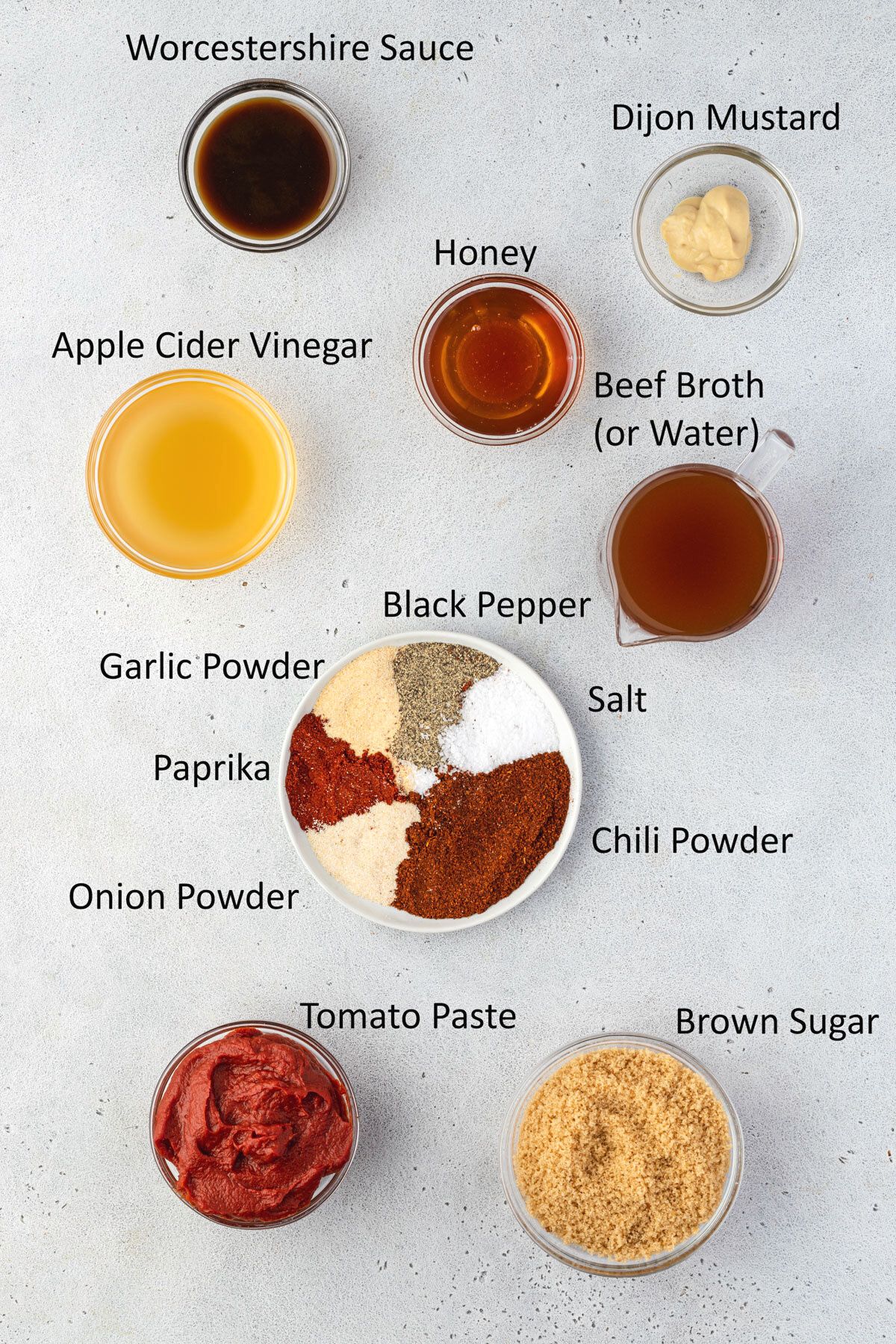 Overhead of labeled recipe ingredients.