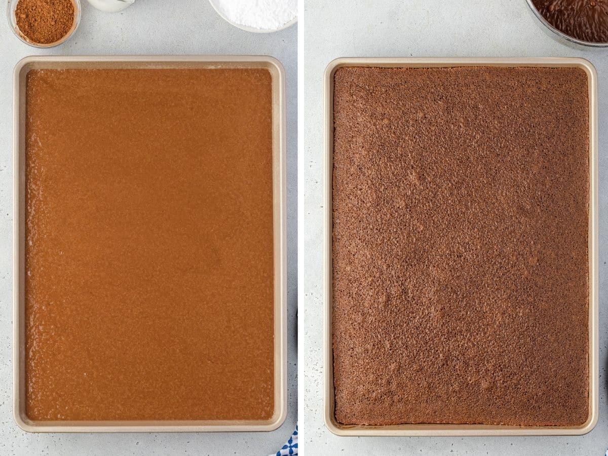 2 image collage showing the buttermilk texas sheet cake both before and after baking.