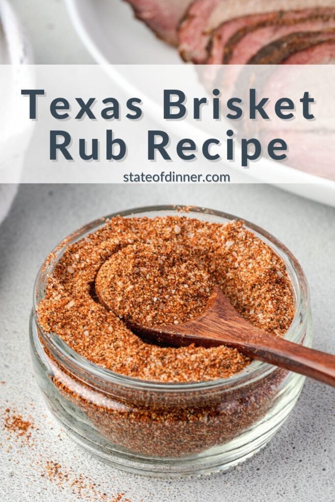 Pinterest pin that says "texas brisket rub recipe" and has a glass jar of rub mix.