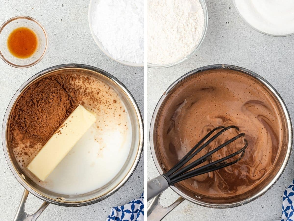 2 image collage, left has butter,cocoa powder, and milk in pan, right is chocolate sauce with whisk.