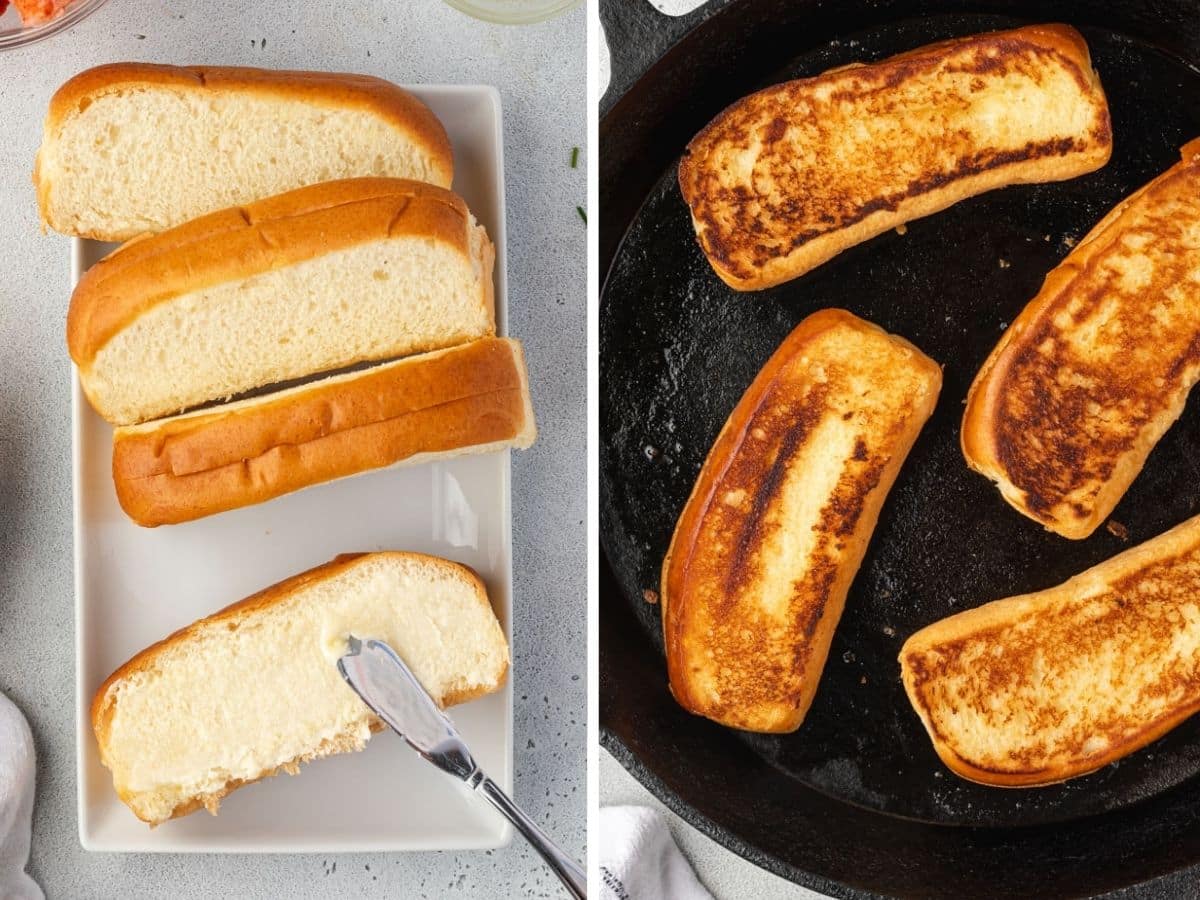 Two images, one with a knife spreading butter onto a bun, and the other is 4 toasted buns in a cast iron skillet.