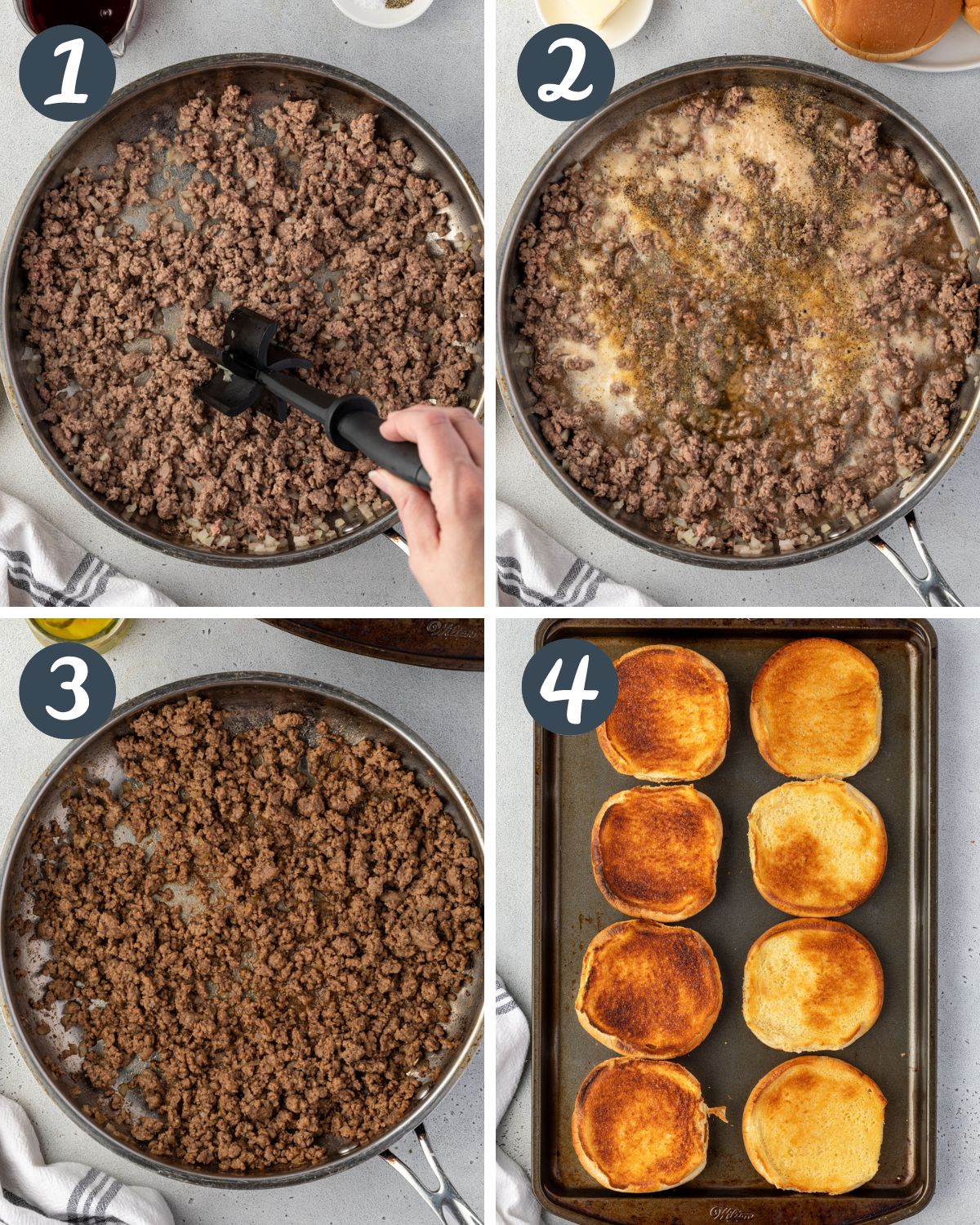 4 images showing the steps to make the sandwich, including toasting buns.