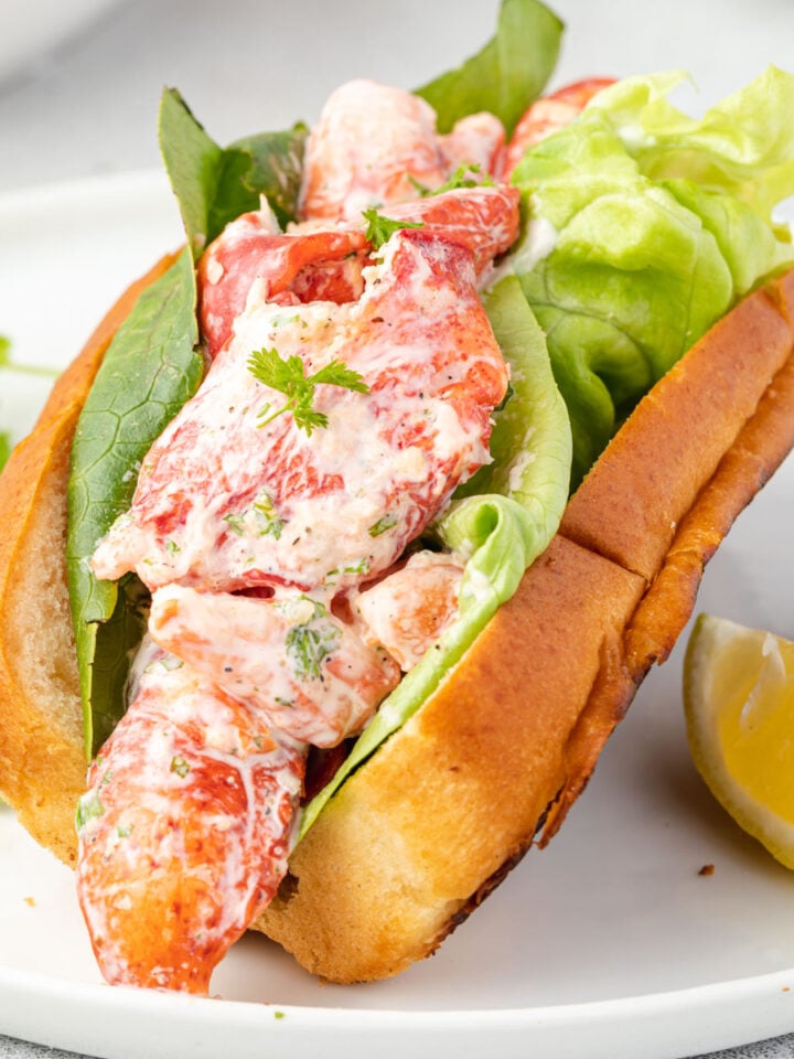 CLose up of a fresh lobster roll on a white plate.