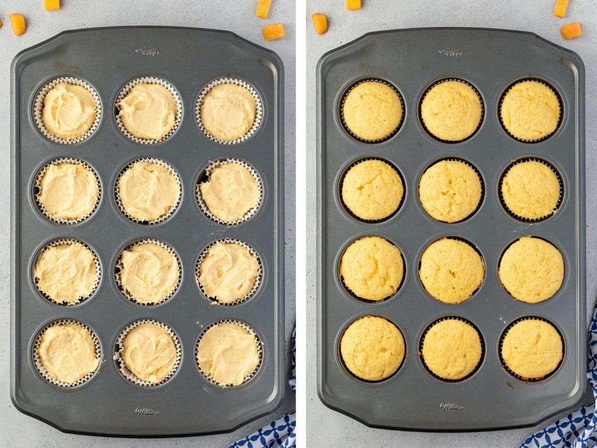 Side by side collage of unbaked and baked cupcakes in a pan.