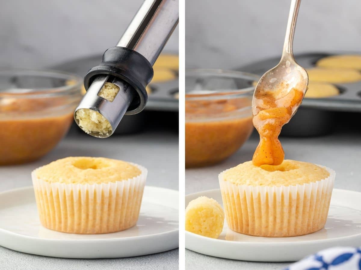 Two image collage showing corer removing center of cupcake, and filling dripping off of spoon into cupcake.