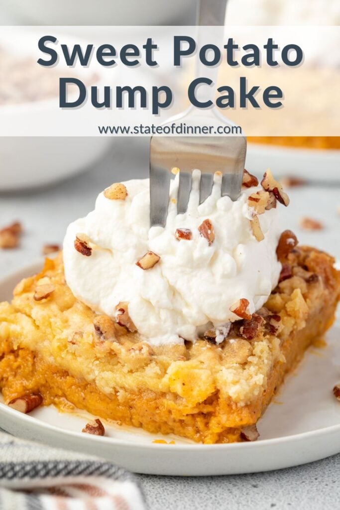 Pinterest pin that says "sweet potato dump cake" and has serving of cake on a plate with a fork going into it.