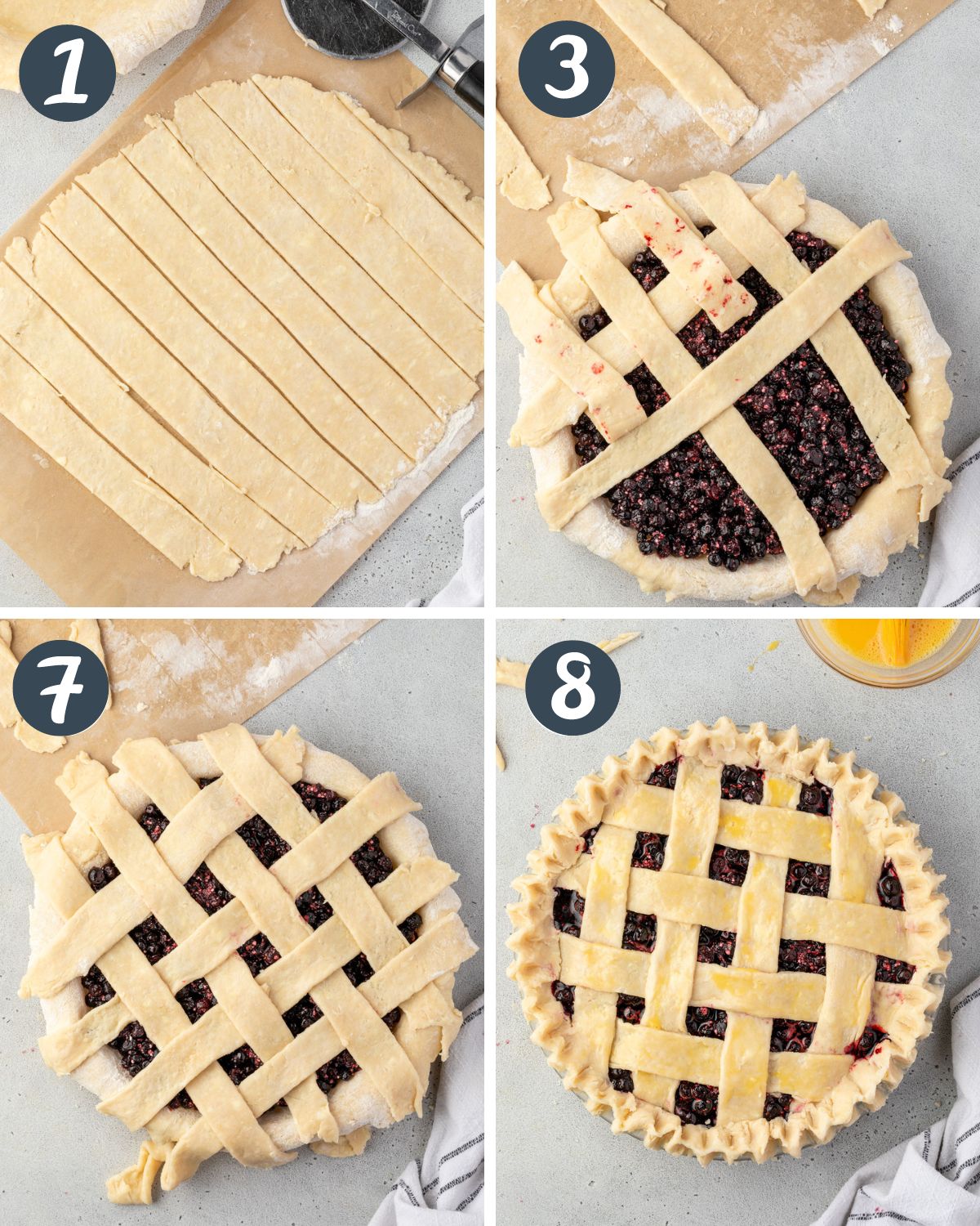 4 images that show some of the steps for doing a lattice crust, including cutting strips, pulling back some vertical strips, laying donw horizontal strips, and crimping edges.