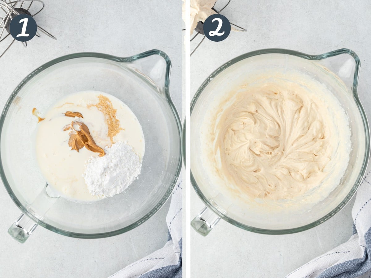 2 bowl collage: Left is ingredients in the glass mixing bowl, right is mixing bowl of peanut butter cream.