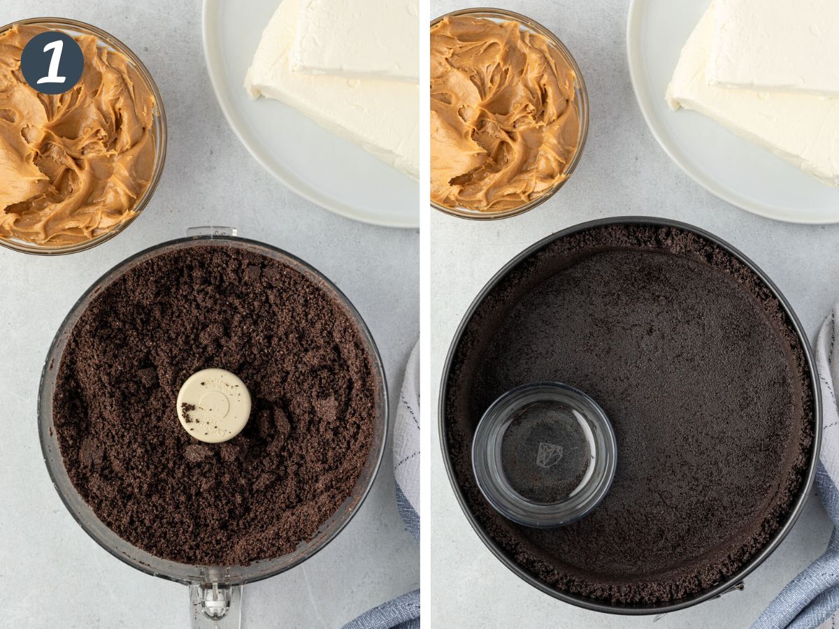 Two images, one showing cookie crumbs in a food processor, and the next showing crust packed in springform pan with glass.