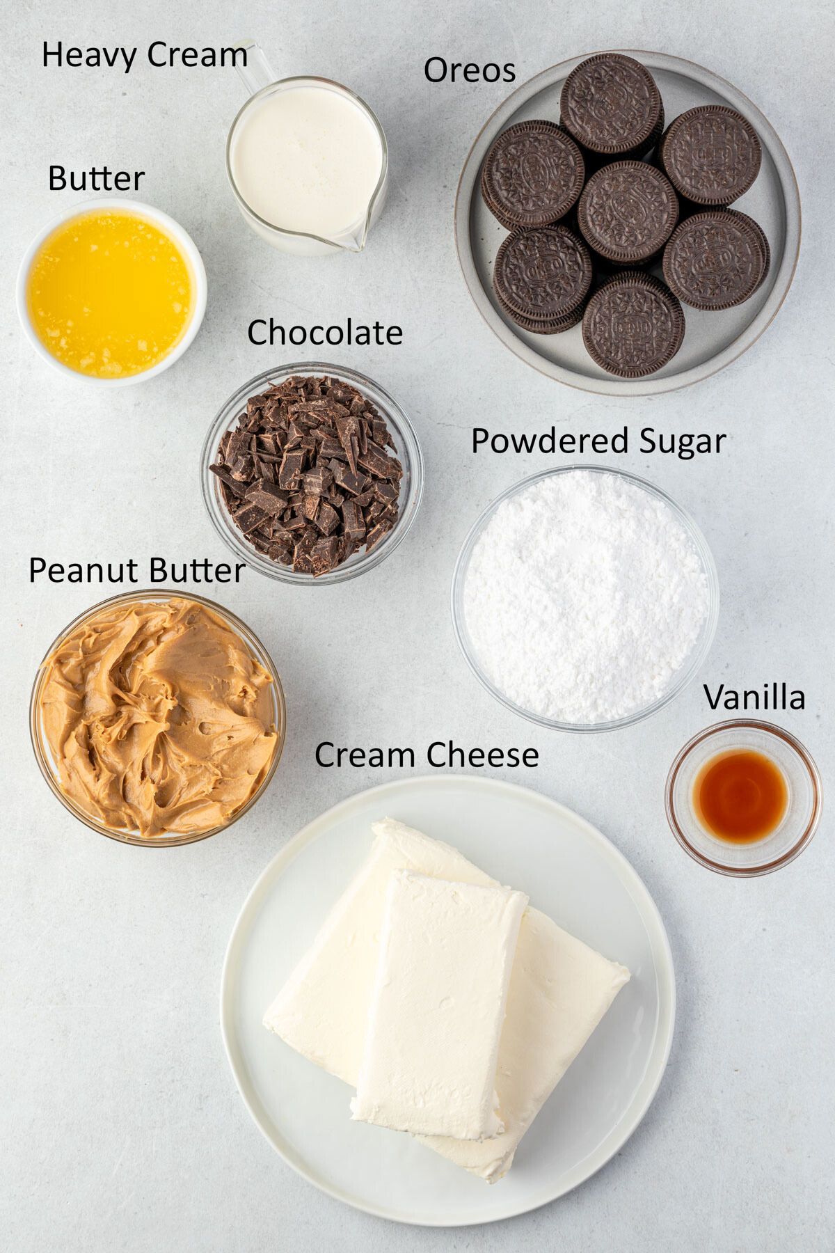 Overhead of the recipe ingredients each on individal plates or in bowls.