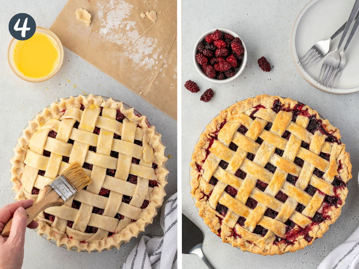 Two images showing egg wash brushed over the lattice crust and then of the pie baked.
