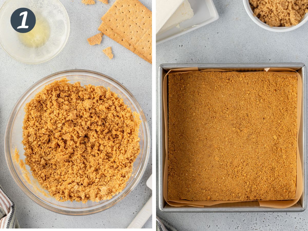 A bowl of graham cracker crumb mixture that looks like fine sand, and then also pressed firmly into a square pan.