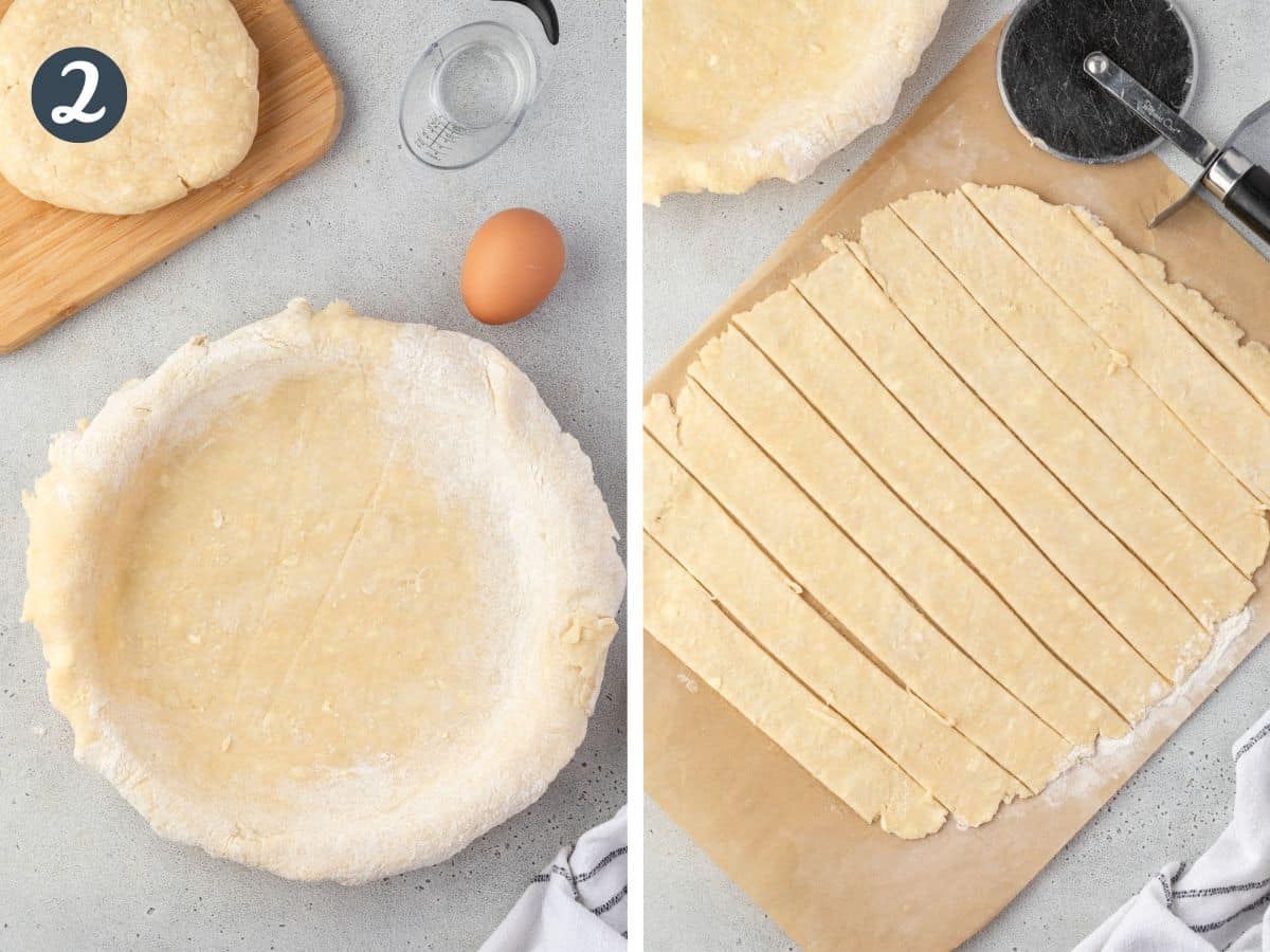 Two side by side images showing the first crust in a pie plate with the excess hanging over the edge, and the second dough cut into strips.