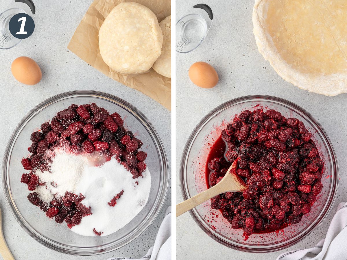 Two images showing the pie filling ingredients in a bowl and then mixed up and juicy after sitting for 15 minutes.