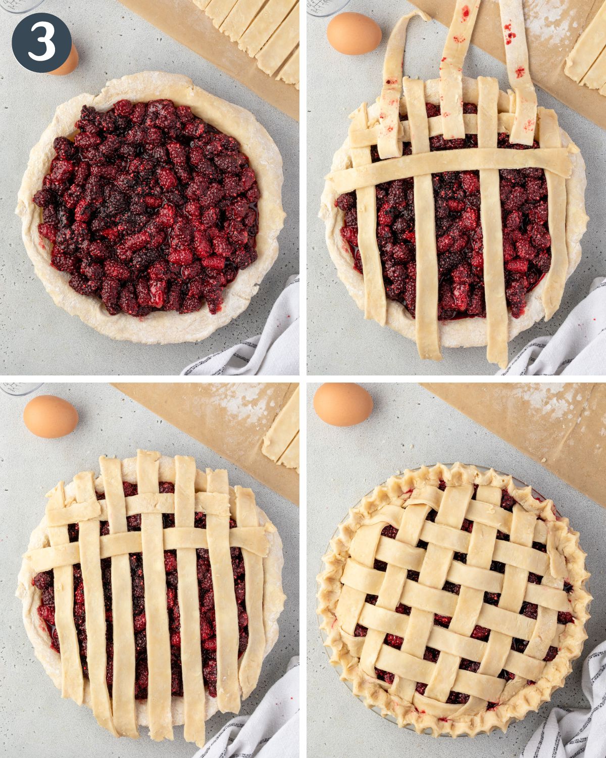 4 images showing the steps to lattice pie crust, lifting every other strip in one direction and laying down a strip in the other direction.