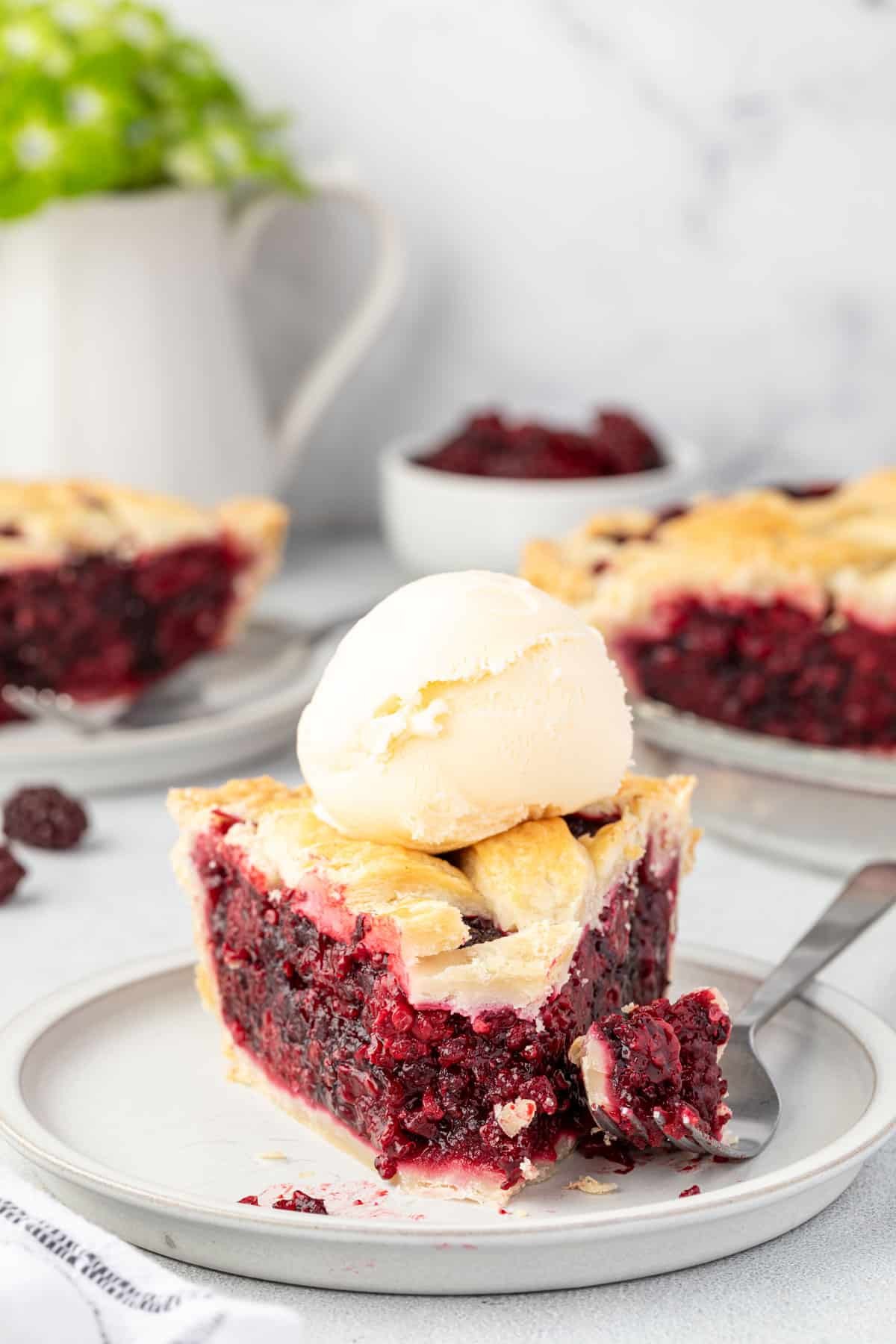 Slice of bright burgundy pie with a scoop of vanilla ice cream on top and a bite of pie on a fork.