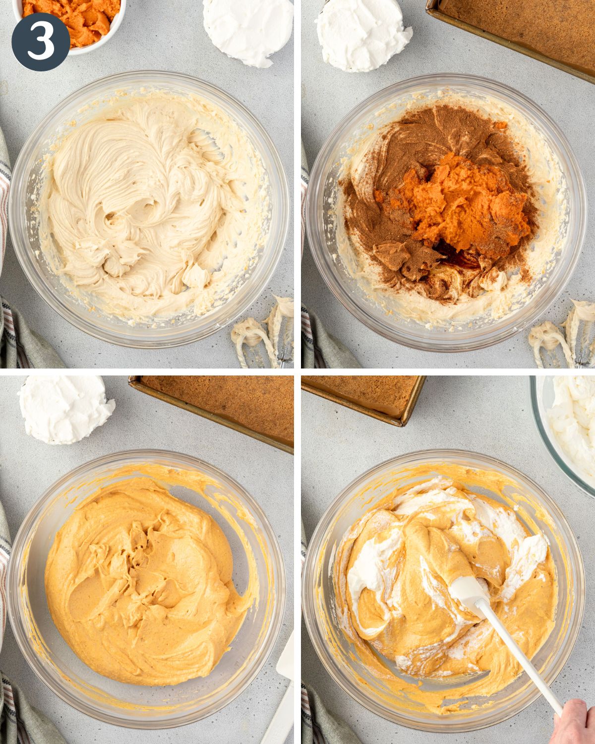 4 images showing the process of mixing pumpkin and spices into the cream cheese, then folding the whipped cream in.