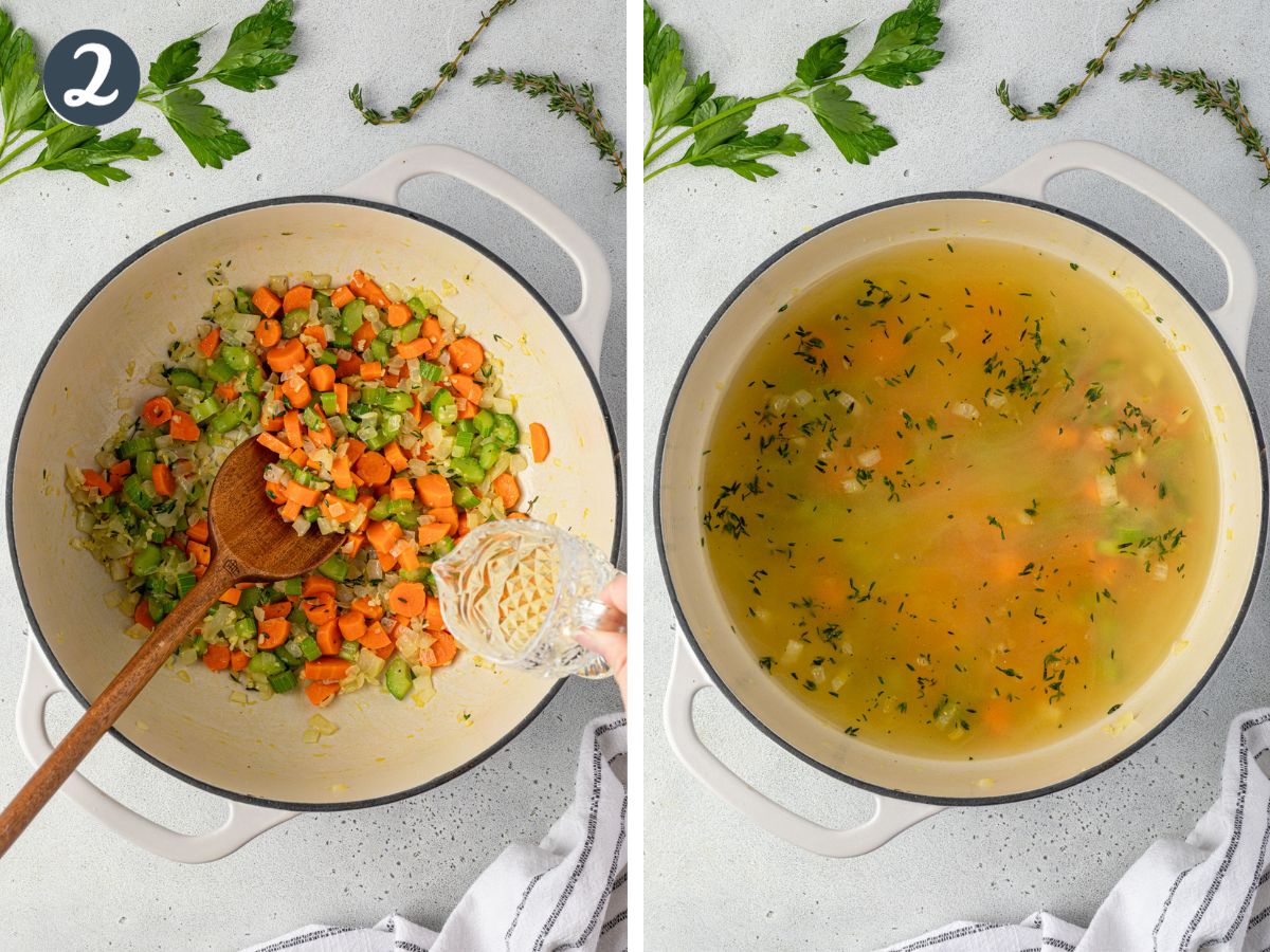 2 image collage, on left pouring wine into a dutch oven with chopped veggies, and right is with broth added.